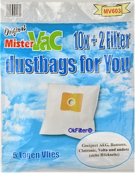 Mistervac 603 10 Staubbeutel 2 Filter kompatibel mit AEG Bomann Dirt Devil Privileg Zanussi