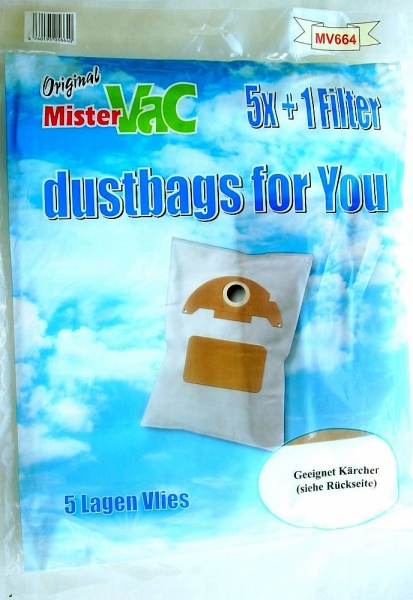 5 Staubsaugerbeutel Synthetik geeignet für Kärcher, Mistervac MV664