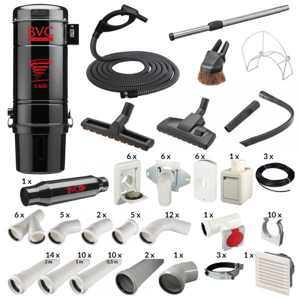All-IN-ONE - BVC Zentralstaubsauger S 600 Blackline- Paket - bis 200 m² - 6 SD - Paket beinhaltet:  Zentralstaubsauger S 600 Blackline, Schalldämpfer, 8-teiliges FLEX-Schlauch-Set 9 m, 6x BVC Saugdosen Aluminium weiß, Rohrsteckdose, Überputzgehäuse komple